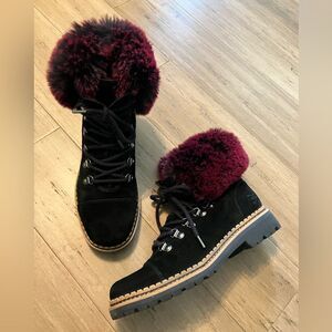 Sam Edelman black leather dark red faux fur topper women’s lace up boots. 7.5